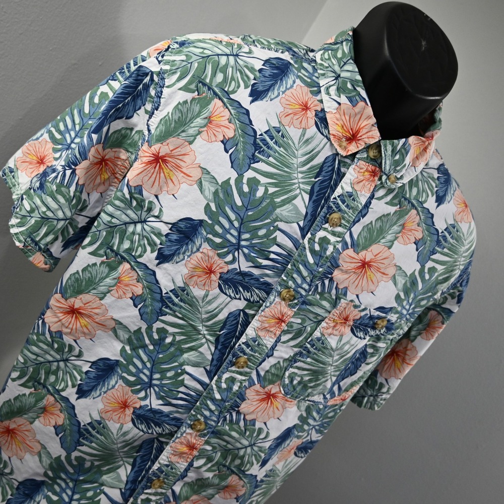 Duluth Trading Co Button Up Mens XL Slim Fit White Floral Tropical Short Sleeve - Picture 4 of 9